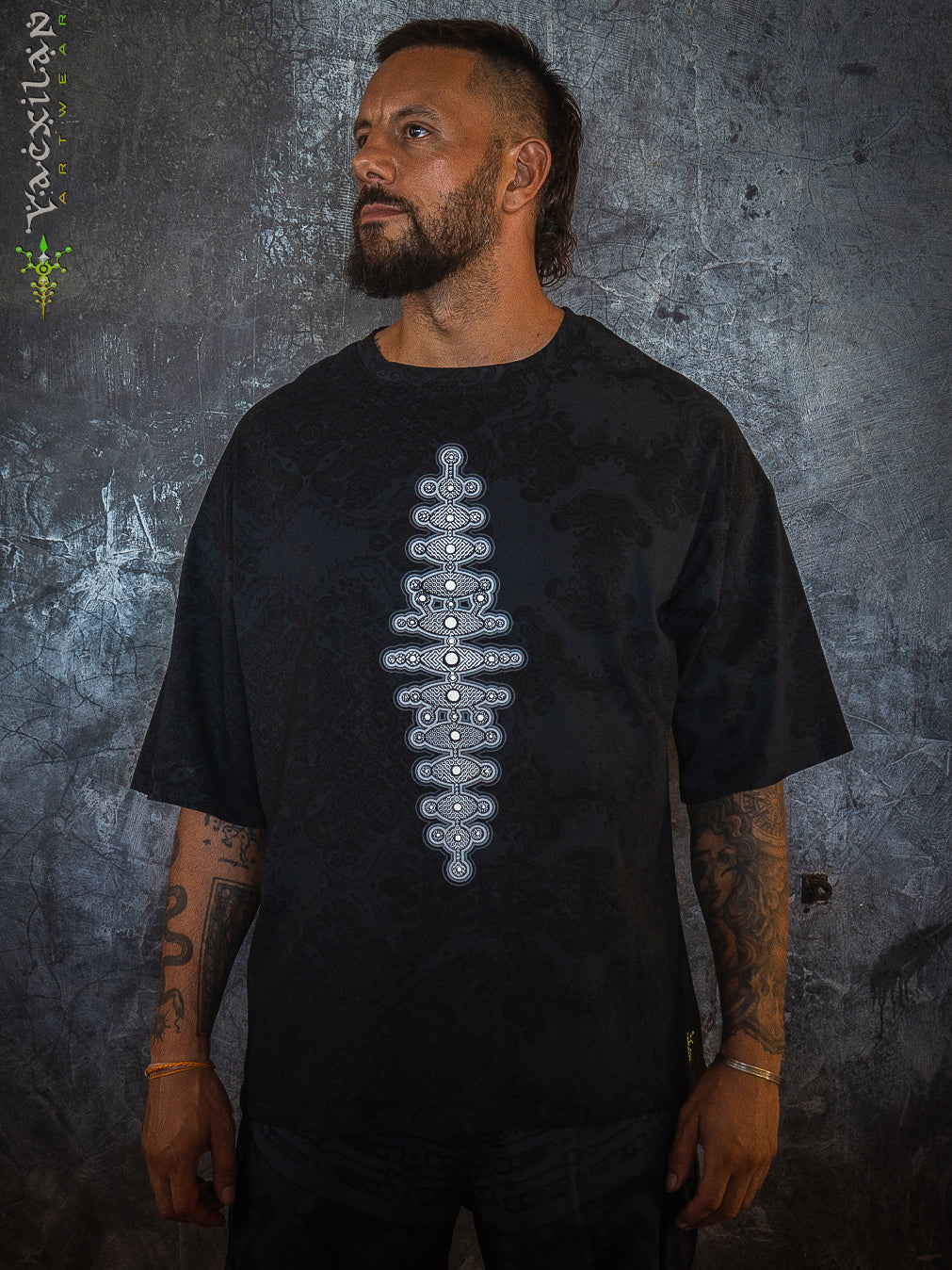 T-Shirt Oversized Men / Black Cotton Shinker - MAYAN CODEX Galactik Spine New